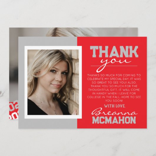 レッド&シルバーグレイモダン卒業サンキューカード 招待状 (正面/裏面)