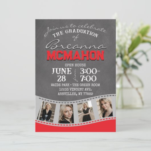 レッド&シルバーグレーシャルボードフィルムストリップ卒業 招待状 (スタンド正面)