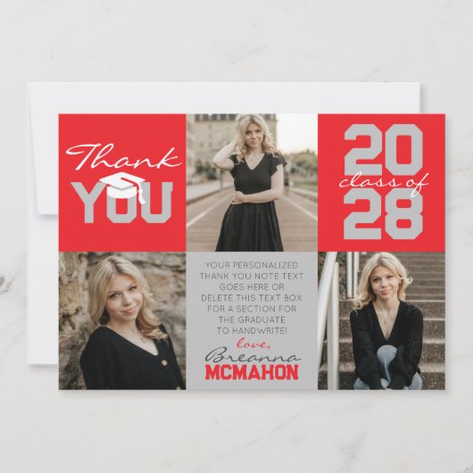 レッド&シルバーグレー3写真卒業ありがとう 招待状 (正面)