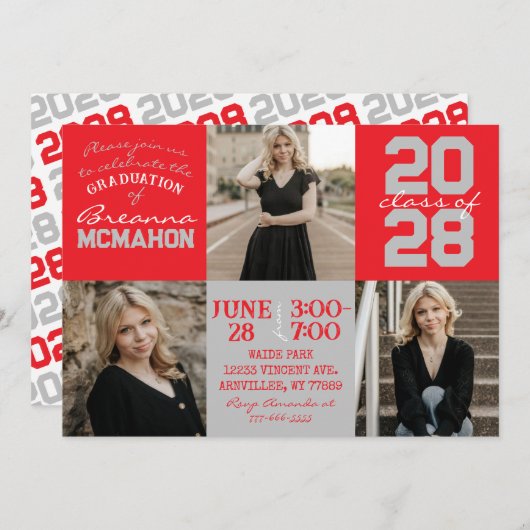 レッド&シルバーグレー3写真卒業招待状 招待状 (正面/裏面)