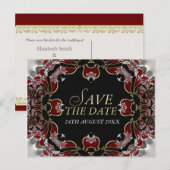 レッド+シルバーサテンの「Save the Date」ポストカード 案内ポストカード (正面/裏面)