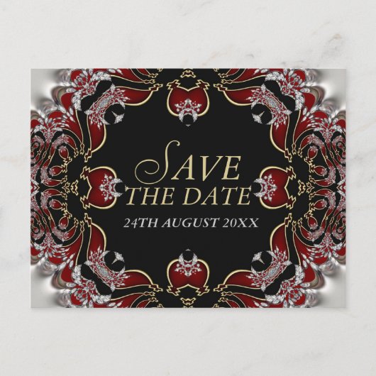 レッド+シルバーサテンの「Save the Date」ポストカード 案内ポストカード (正面)