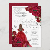 レッド&シルバーフローラキンセアニェラ誕生日誘致 招待状 (正面/裏面)