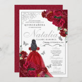 レッド&シルバーフローラキンセアニェラ誕生日 招待状 (正面/裏面)