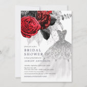 レッド&シルバーフローラ結婚ズドレスブライダルシャワー 招待状 (正面)