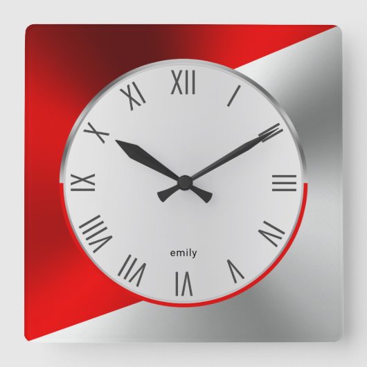 レッド&シルバーモダンメタリック幾何学模様デザイン スクエア壁時計 (正面)