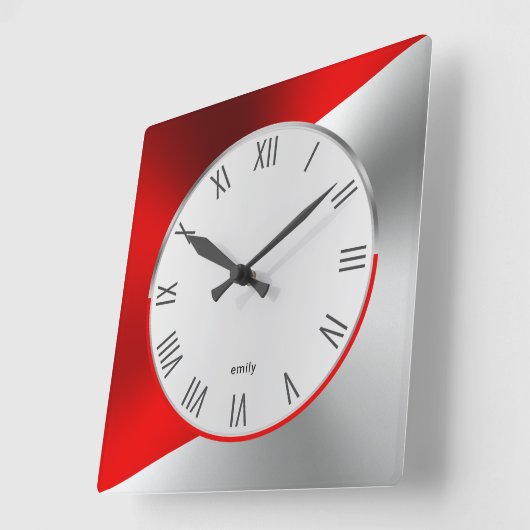 レッド&シルバーモダンメタリック幾何学模様デザイン スクエア壁時計 (傾斜)