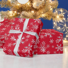 レッド シルバー スノーフレークス クリスマス ホリデー ラッピングペーパー