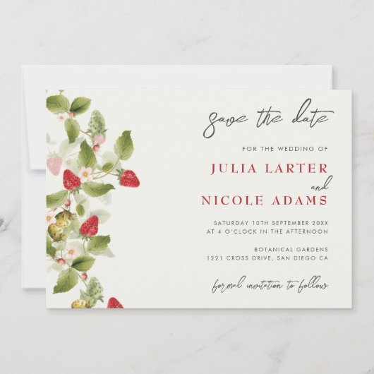 レッド スウィート ワイルド イチゴ フラワー ウェディング セーブザデート (正面)