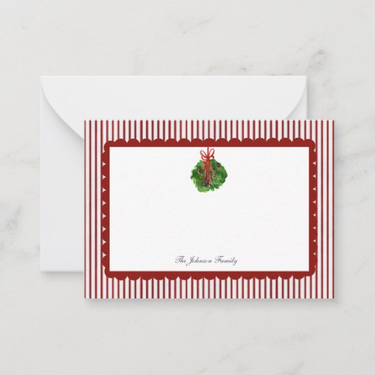 レッド スカロップ チッキング ストライプ クリスマス ホリデー ノートカード (正面)