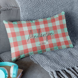 レッド&スタイリッシュティール（緑がかった色）ブライトモダンホリデープレイド ランバークッション