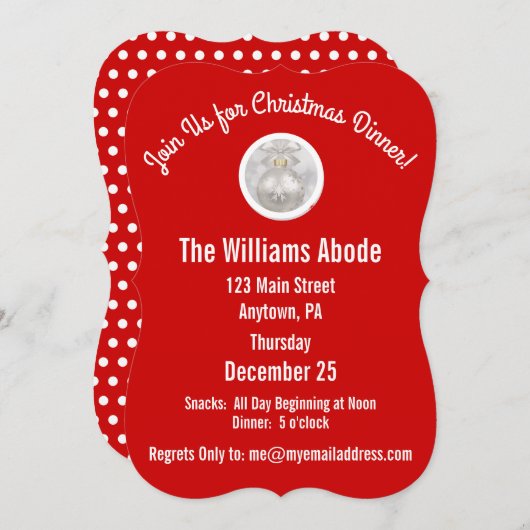 レッド&スノーフレークのクリスマスディナーカスタム 招待状 (正面/裏面)