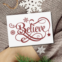 レッド・スノーフレーク＆スターのクリスマスカード Believe