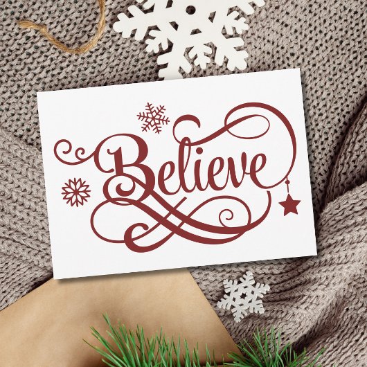 レッド・スノーフレーク&スターのクリスマスカード Believe