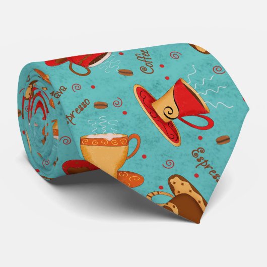 レッド&ターコイズコーヒーカップパターンマンズネックタイ ネクタイ (ロール)