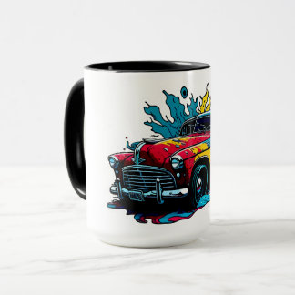 レッド&ターコイズブルー ビンテージ ペイント飛沫 車 マグカップ