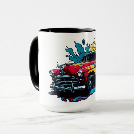 レッド&ターコイズブルー ビンテージ ペイント飛沫 車 マグカップ (正面左)