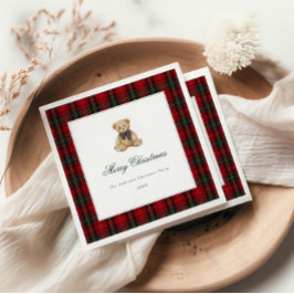 レッド ターターンチェック テディベア クリスマスパーティー スタンダードカクテルナプキン