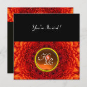 レッド ダリア、アゲートのモノグラム、明るい ブラック イエロー 招待状 (正面/裏面)