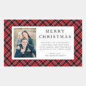レッド・チェック柄の写真クリスマス 長方形シール (正面)