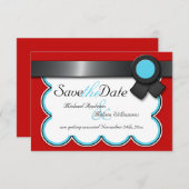 レッド & ティール、ブラック リボン セーブ ザ デート 招待状 (正面/裏面)