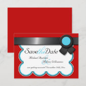 レッド & ティール、ブラック リボン Save the Date 招待状 (正面/裏面)