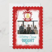 レッド、ティール(緑がかった色)ブルースクリプト会社のロゴクリスマスフォト シーズンカード (正面)