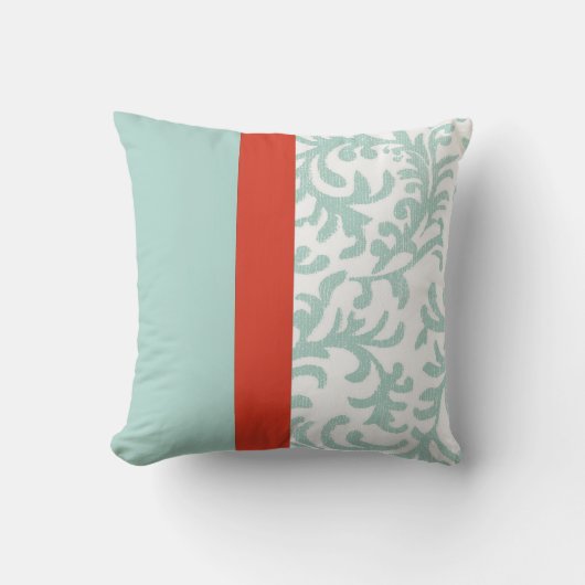 レッド&ティール（緑がかった色）ブルーフローラダマスク クッション (正面)