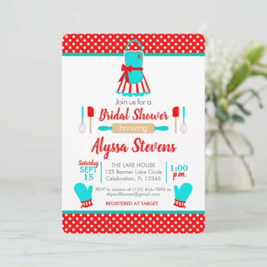 レッド&ティール（緑がかった色）レトロクリスマスキッチンブライダルシャワー 招待状 (スタンド正面)