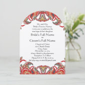 レッド&ティール(緑がかった色)ヴィンテージペイズリーダマスクウェディング招待状 招待状 (スタンド正面)