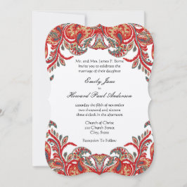 レッド&ティール（緑がかった色）ヴィンテージペイズリーピーコックダマスウェディング 招待状