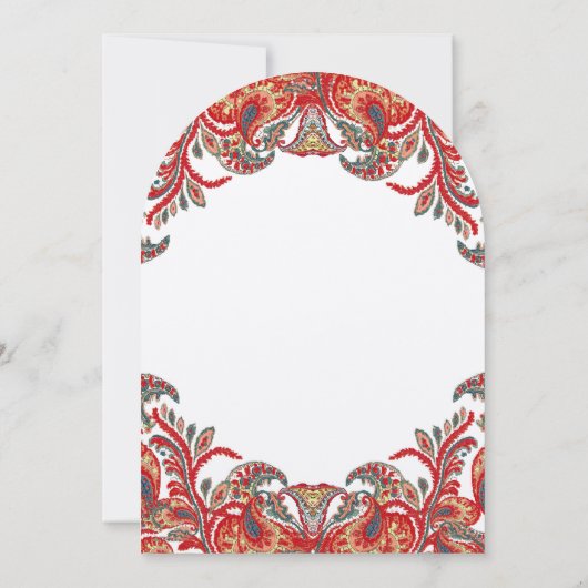 レッド&ティール（緑がかった色）ヴィンテージペイズリーピーコックダマスウェディング 招待状 (裏面)