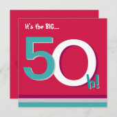 レッド&ティール(緑がかった色)50大5-Oh!50歳の誕生日パーティー 招待状 (正面/裏面)