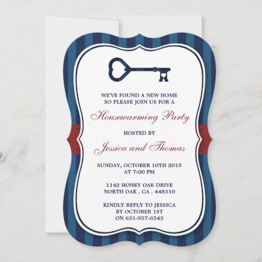 レッド&ネイビーストライプハート鍵ニューホーム引っ越し祝いパーティー 招待状 (正面)