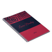 レッド&ネイビーブルーフローラゼブラリノカット名&年 ノートブック (右側)