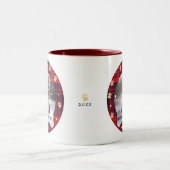 レッド&ネイビーブループレイド&金ゴールドポープリントペットフォト ツートーンマグカップ (中央)