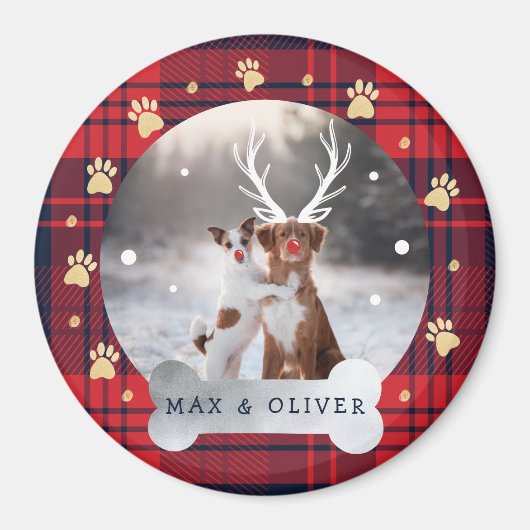 レッド&ネイビーブループレイド&金ゴールドポープリントペットフォト マグネット (正面)