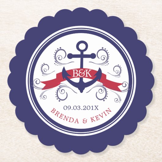 レッド&ネイビーブルー航海のいかり結婚ズモノグラム ペーパーコースター (正面)