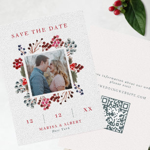 レッド&ネイビー冬の果実の写真とQRコード結婚ズ セーブザデート