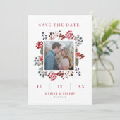 レッド&ネイビー冬の果実の写真とQRコード結婚ズ セーブザデート (スタンド正面)