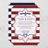 レッド、ネイビー航海の、バフェイクラップストライプの結婚 招待状 (正面/裏面)