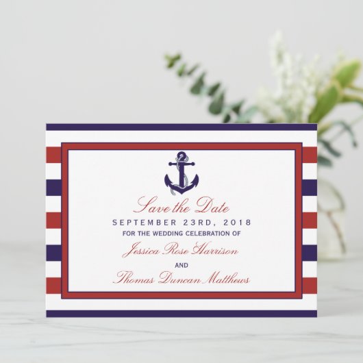 レッド&ネイビー ノーティカル アンカー ウェディングコレクション セーブザデート (スタンド正面)