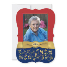 レッド、ネイビー、金ゴールド65thフォト誕生日招待状