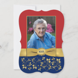 レッド、ネイビー、金ゴールド65thフォト誕生日招待状 招待状