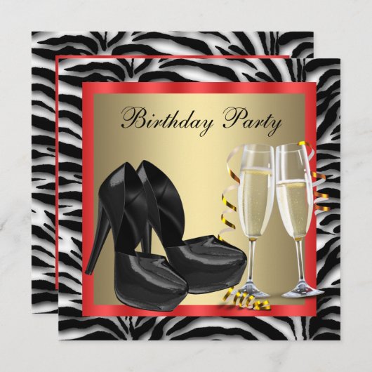 レッド ハイヒール シューズ レッド ゼブラ 誕生日 招待状 (正面/裏面)