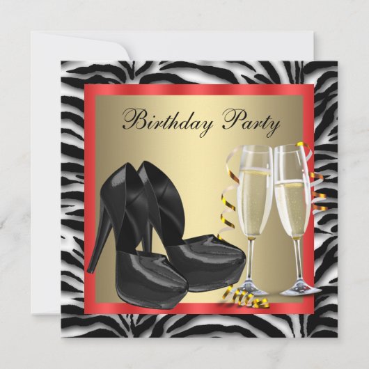 レッド ハイヒール シューズ レッド ゼブラ 誕生日 招待状 (正面)