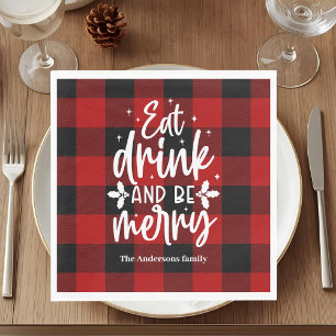 レッド・バファロー・チェック柄のクリスマス ナプキン「Eat Drink & Be Merry」 スタンダードランチョンナプキン