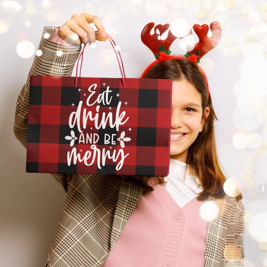 レッド・バファロー・チェック柄「Eat, Drink & Be Merry」 ラージペーパーバッグ