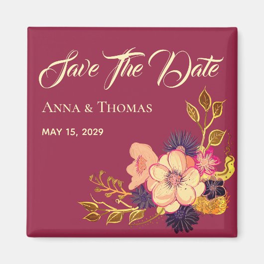 レッド・バーガンディー 結婚式 Save The Date 招待状 マグネット (正面)