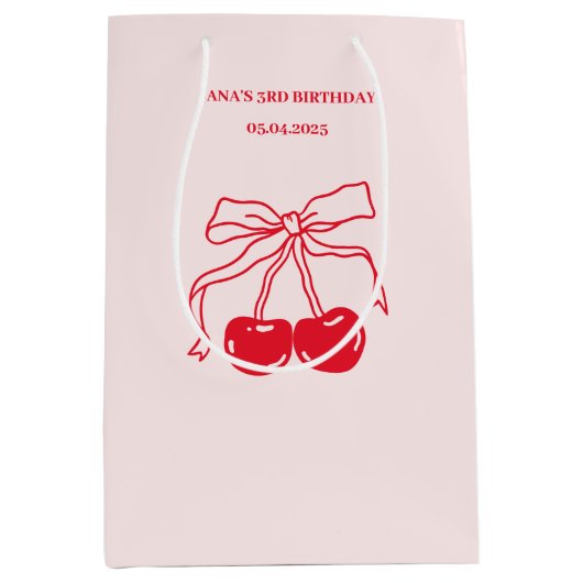 レッド&ピンクさくらんぼ誕生日パーティー ミディアムペーパーバッグ (正面)